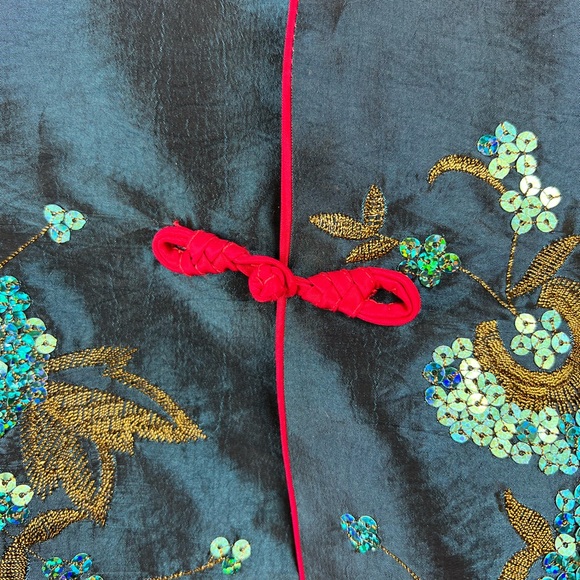 Vintage ANIS.A kimono cardigan blue, gold embroidery magenta lining M - Picture 8 of 11